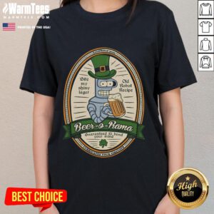 Funny Futurama Beer O Rama Bender St. Patrick's Day ladies tee featuring Bender enjoying a festive beer.