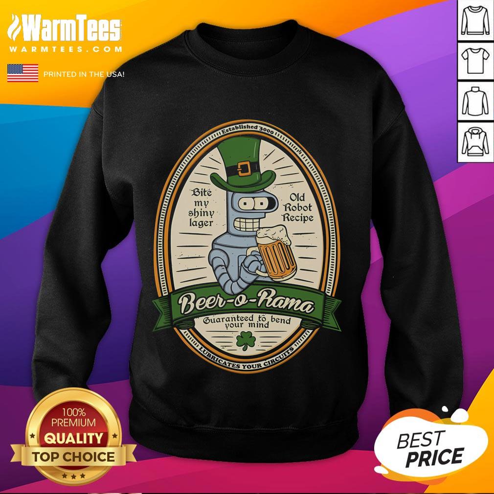 Alt Text: Funny Futurama Beer O Rama Bender St. Patrick's Day sweatshirt featuring Bender with a beer in a festive design.