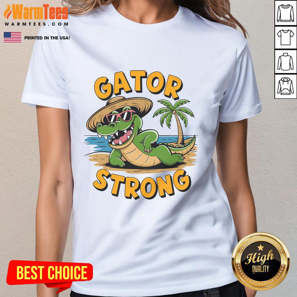 Funny Gator Strong Florida alligator wearing sunglasses on a ladies tee, perfect for casual summer outings.