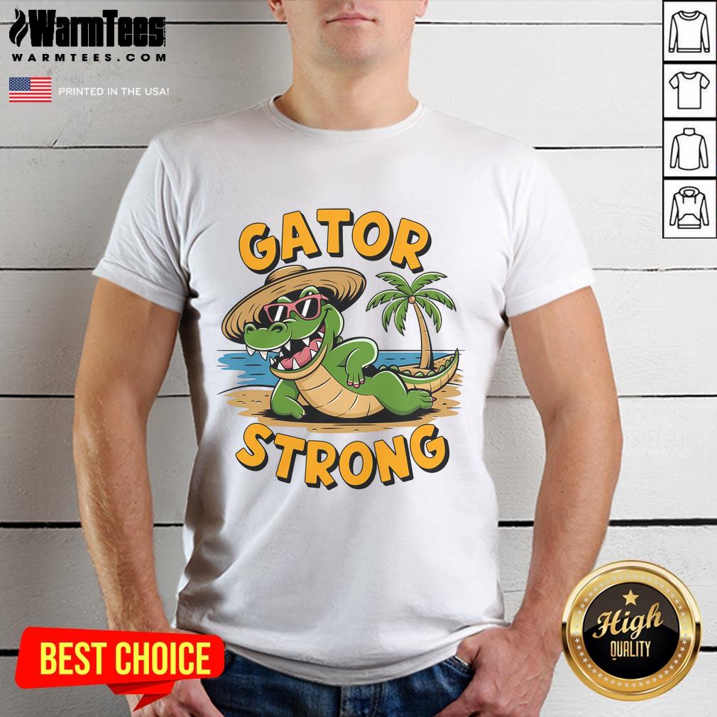 Alt Text: Funny Gator Strong Florida Alligator wearing sunglasses on a stylish t-shirt design, perfect for casual wear.