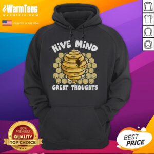 Beekeeper in a hoodie with a humorous 'Funny Hive Mind' design, surrounded by bees and a vibrant beehive.