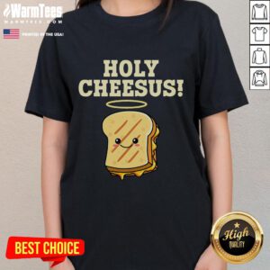 Funny Holy Cheesus grilled cheese pun ladies tee shirt design featuring a humorous illustration and playful text.