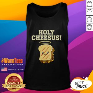 Funny Holy Cheesus grilled cheese pun tank top featuring a humorous design for food lovers and pun enthusiasts.