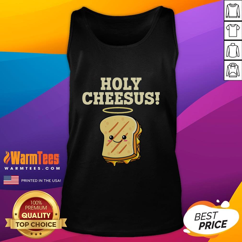 Funny Holy Cheesus grilled cheese pun tank top featuring a humorous design for food lovers and pun enthusiasts.
