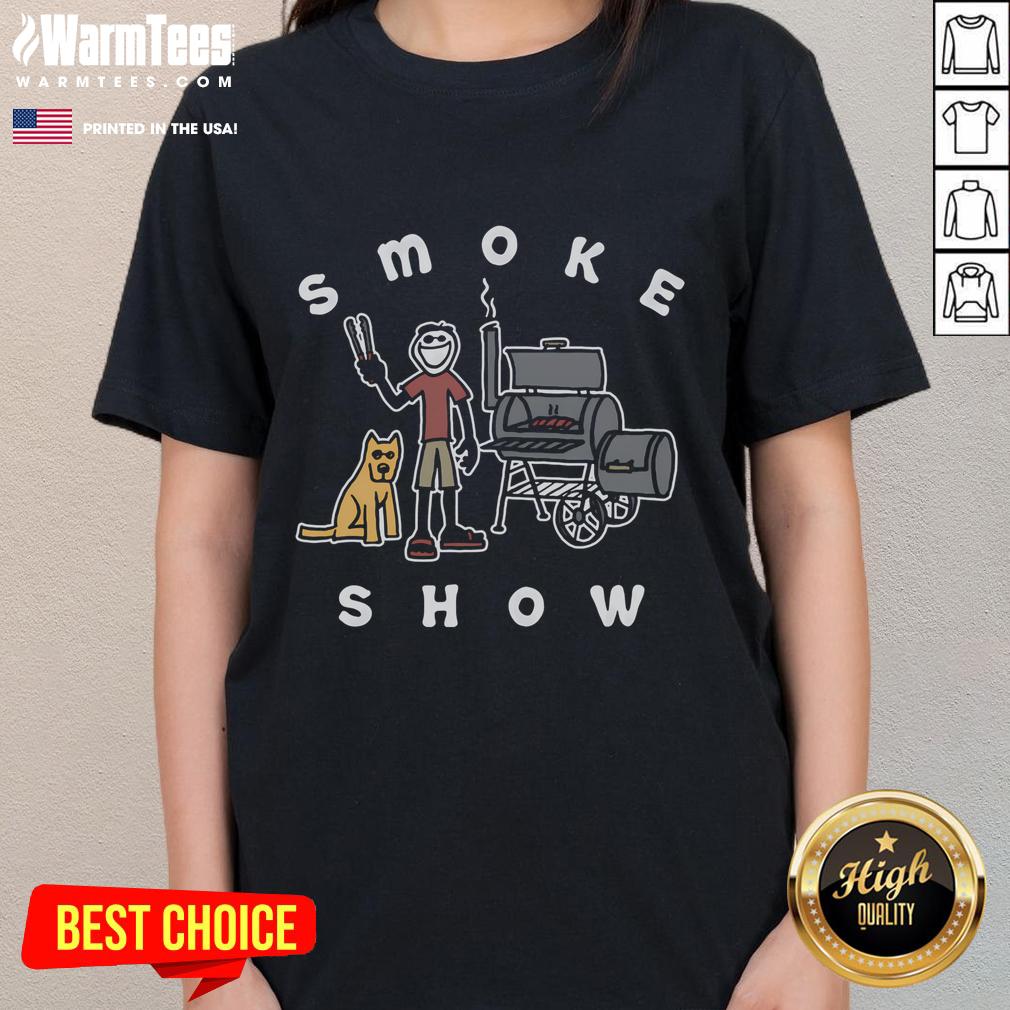 Funny Jake and Rocket Smoke Show BBQ Ladies Tee featuring a humorous graphic perfect for BBQ lovers and enthusiasts.