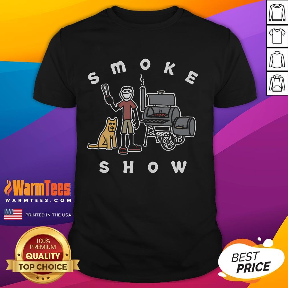 Alt Text: Funny Jake And Rocket Smoke Show BBQ T-Shirt featuring a humorous graphic design perfect for barbecue lovers.