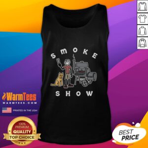 Funny Jake and Rocket Smoke Show BBQ tank top featuring a humorous graphic design for barbecue enthusiasts.