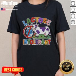 Funny lactose intolerant cow graphic on a ladies tee, perfect for dairy-free humor lovers and cow enthusiasts.