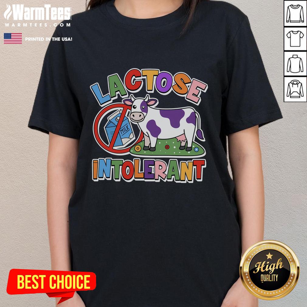 Funny lactose intolerant cow graphic on a ladies tee, perfect for dairy-free humor lovers and cow enthusiasts.