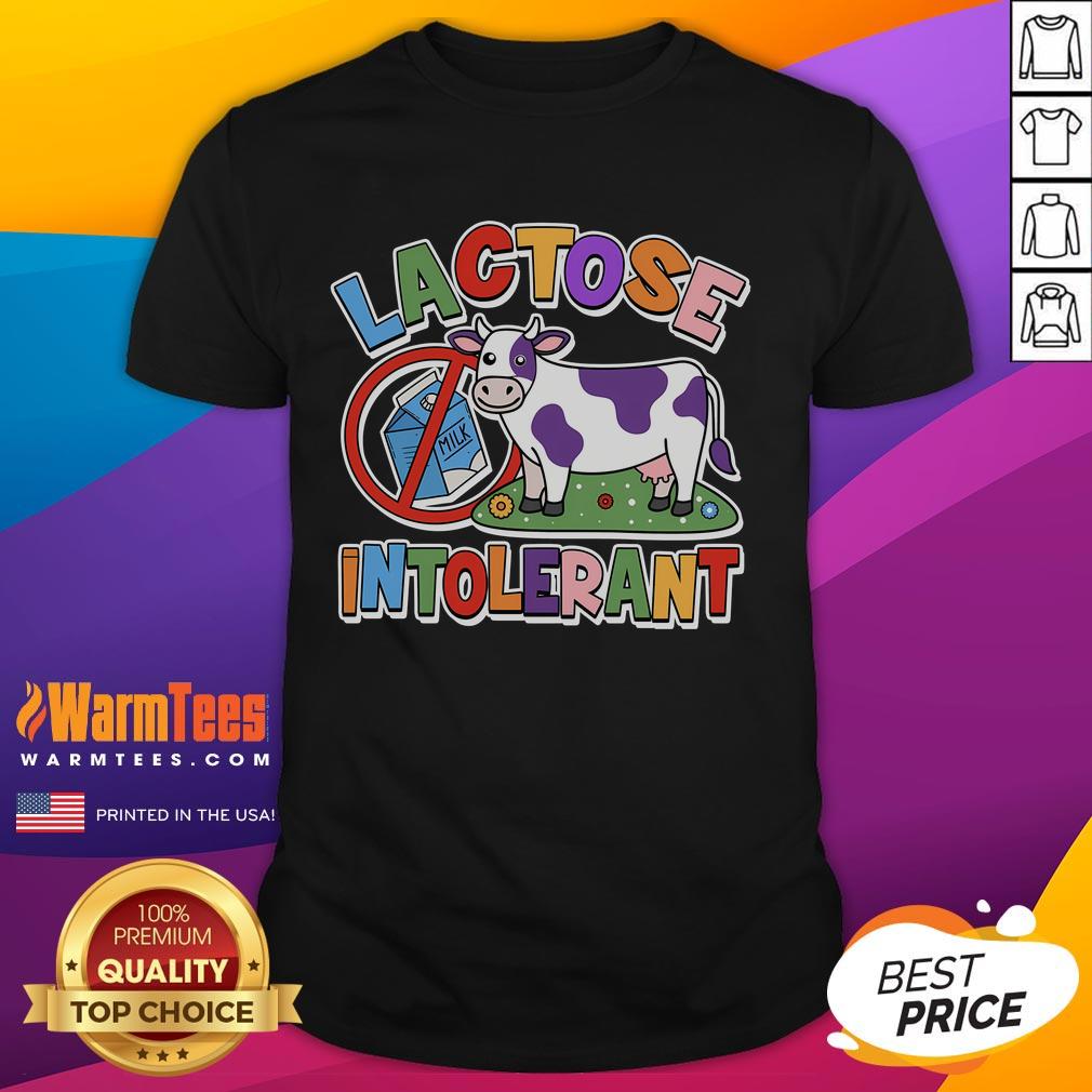 Funny lactose intolerant cow T-shirt featuring a humorous cow graphic and playful text about lactose intolerance.