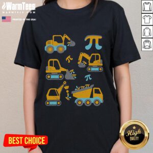 Funny Pi Day 3.14 construction trucks graphic on a women's tee, perfect for math lovers celebrating Pi Day.