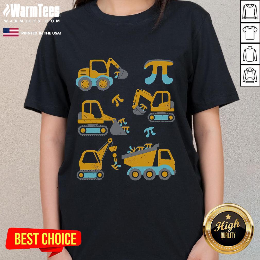 Funny Pi Day 3.14 construction trucks graphic on a women's tee, perfect for math lovers celebrating Pi Day.