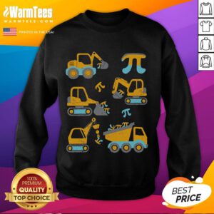 Funny Pi Day 3.14 sweatshirt featuring colorful construction trucks and playful math designs for math enthusiasts.
