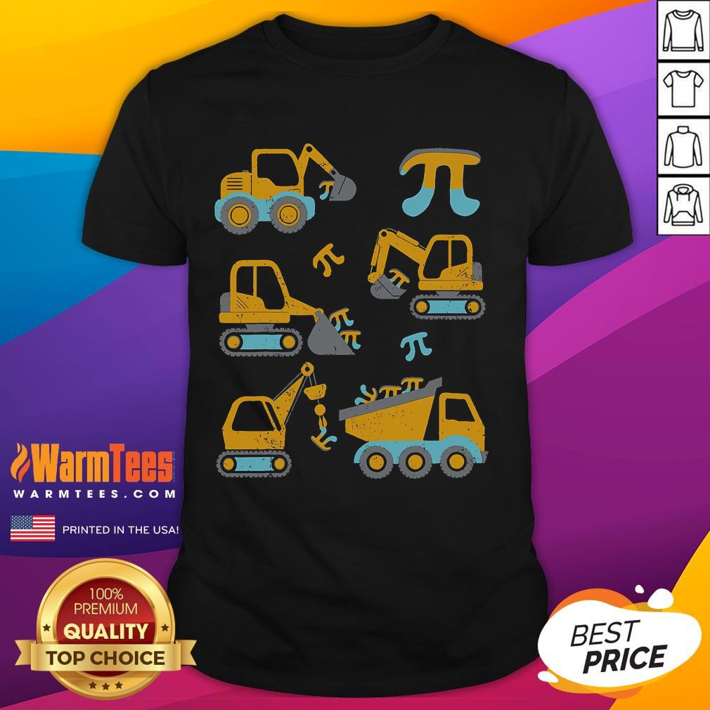 Funny Pi Day 3.14 Construction Trucks T-Shirt featuring colorful trucks and playful math graphics for Pi Day celebrations.