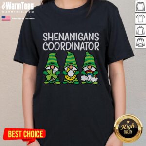 Funny Shenanigans Coordinator Teacher St. Patrick's Day gnome graphic on a ladies tee, perfect for festive celebrations.