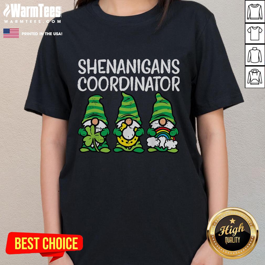 Funny Shenanigans Coordinator Teacher St. Patrick's Day gnome graphic on a ladies tee, perfect for festive celebrations.