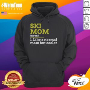 Alt Text: Funny skiing mom in a cooler hoodie, showcasing a playful twist on motherhood in a snowy mountain setting.