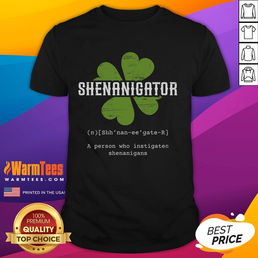 Funny St Patrick's Day Irish Shenanigator t-shirt featuring a lucky cloverleaf design for festive celebrations.