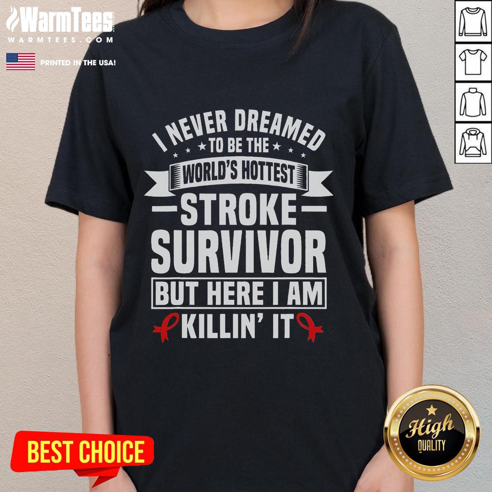 Funny stroke survivor humor tee with red ribbon, supporting stroke support groups for ladies.