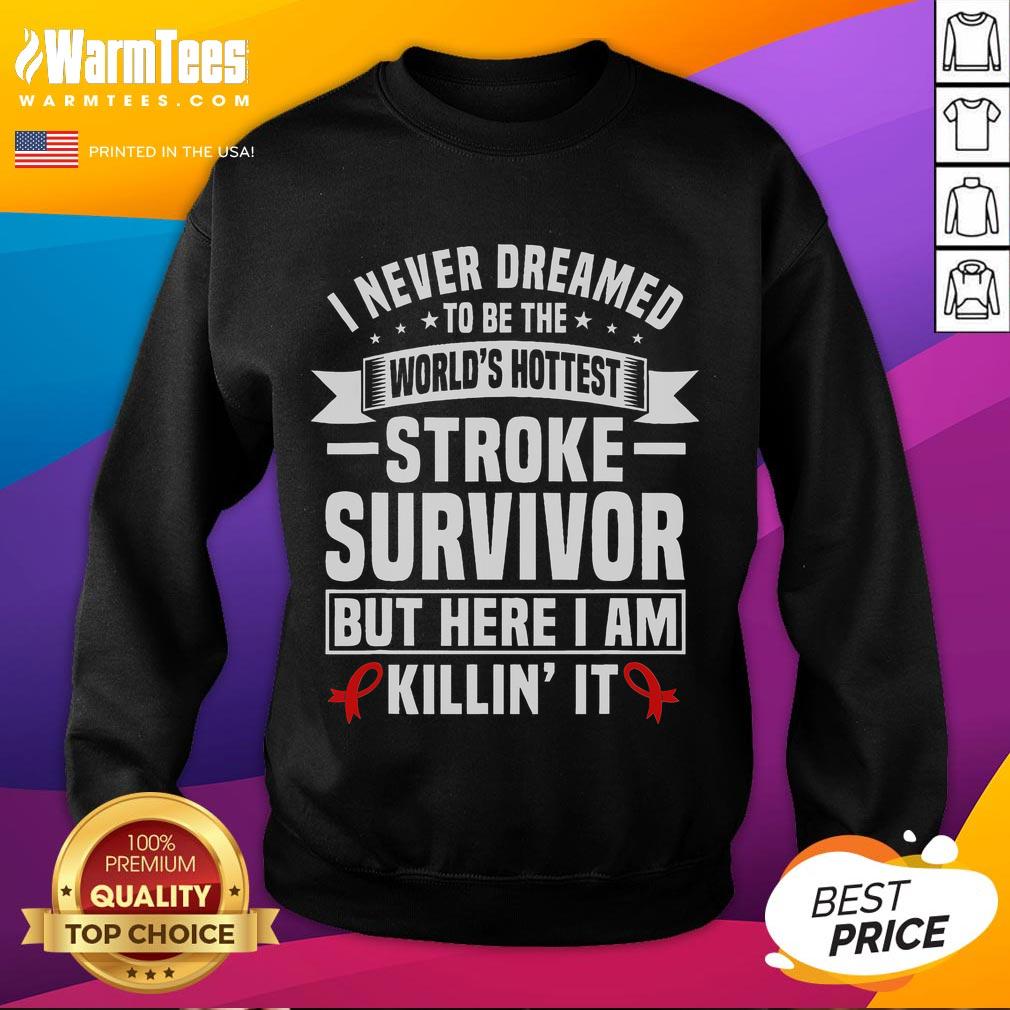 Funny stroke survivor humor sweatshirt with red ribbon, promoting support for stroke survivor groups.