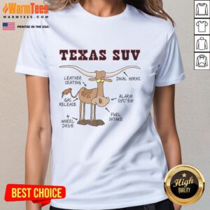 Funny Texas TX SUV joke with Longhorn cattle and cow design on a stylish ladies tee shirt.
