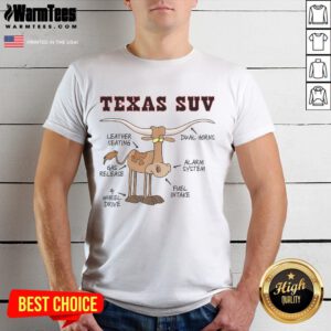 Funny Texas Tx SUV joke t-shirt featuring a Longhorn cattle cow design, perfect for humor and Texas pride enthusiasts.