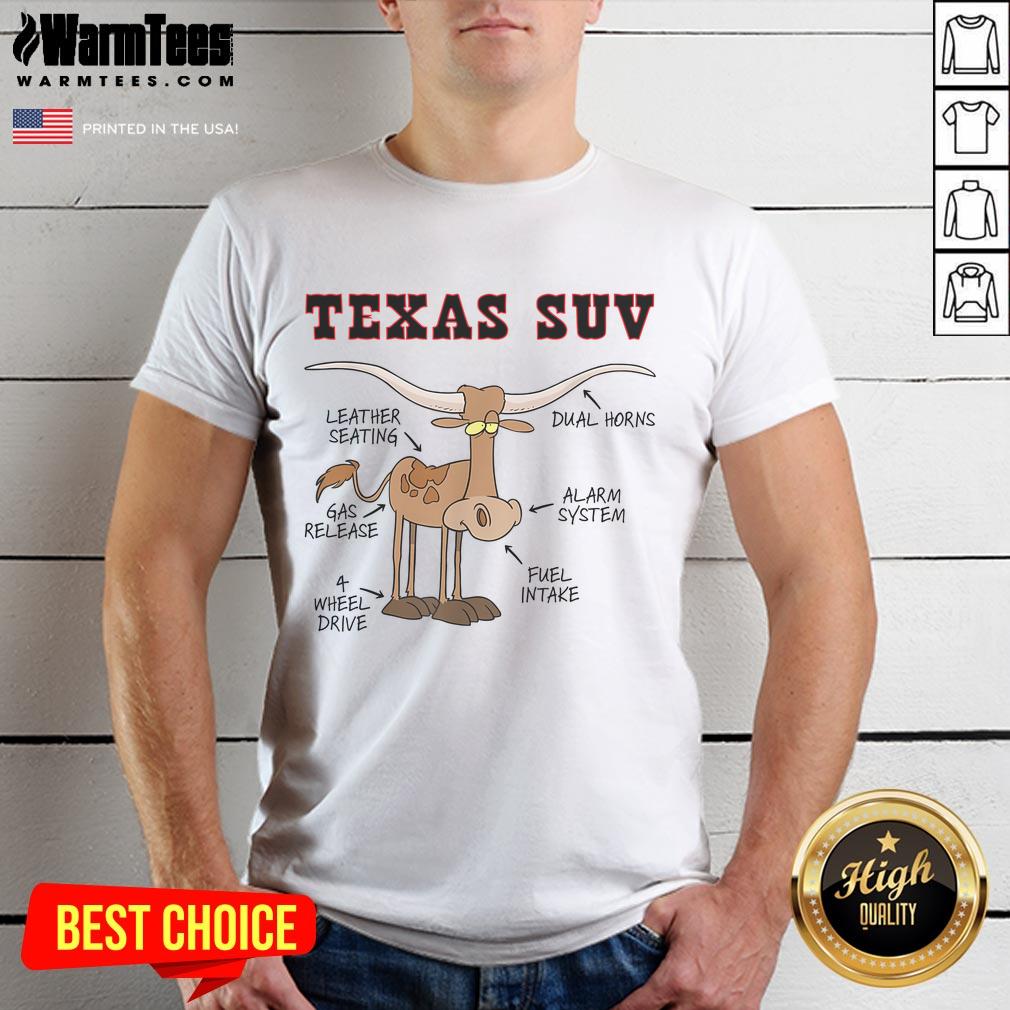 Funny Texas Tx SUV joke t-shirt featuring a Longhorn cattle cow design, perfect for humor and Texas pride enthusiasts.