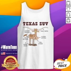 Funny Texas SUV joke tank top featuring Longhorn cattle and a humorous cow design for Texas fans.