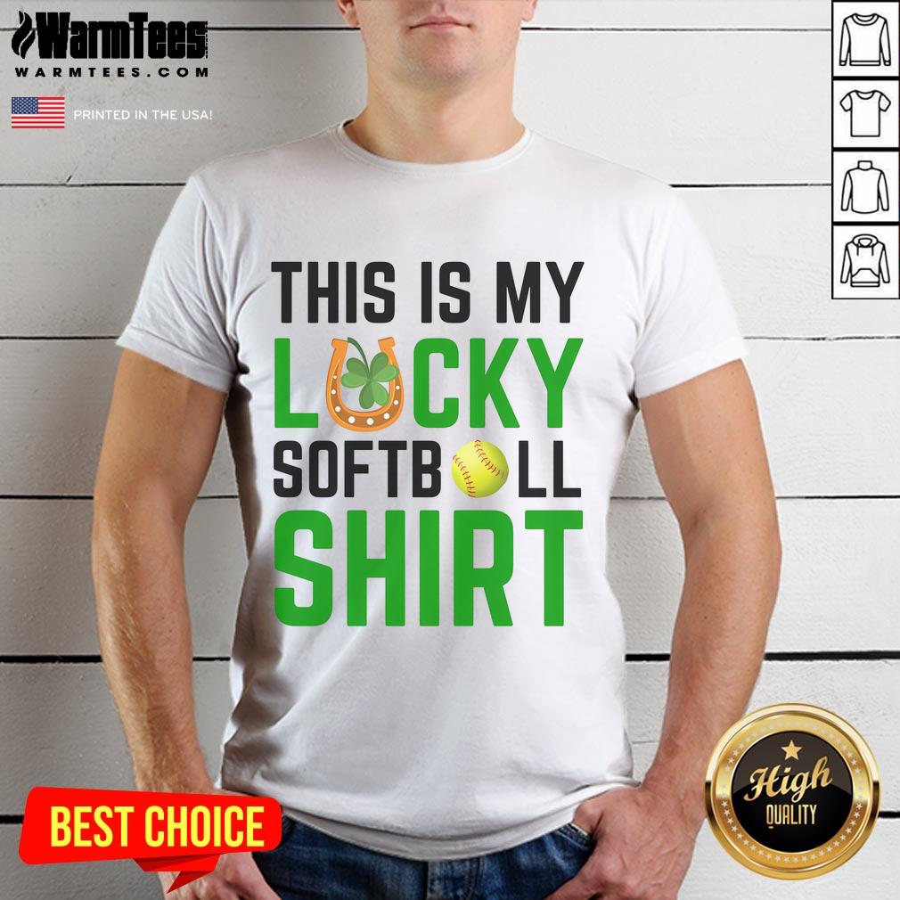 Funny St. Patrick's Day t-shirt featuring 'This Is My Lucky Softball' design for sports enthusiasts and holiday fun.
