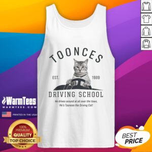 Funny Toonces Driving School Cat tank top, established 1989, showcasing a humorous cat driving design for fans.