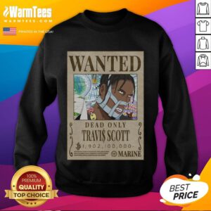 Alt Text: Funny Travis Scott one-piece wanted poster design on a sweatshirt, featuring vibrant colors and playful graphics.