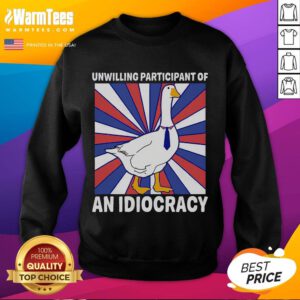 Funny unwitting participant in Idiocracy wearing a quirky goose sweatshirt, perfect for comedy and pop culture fans.