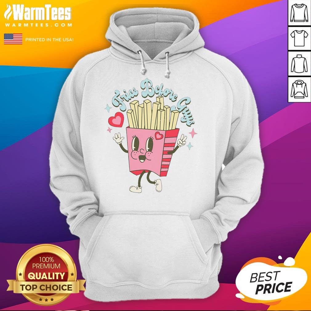 Funny Valentines Day hoodie featuring 'Fries Before Guys' slogan, perfect for celebrating love with humor and style.