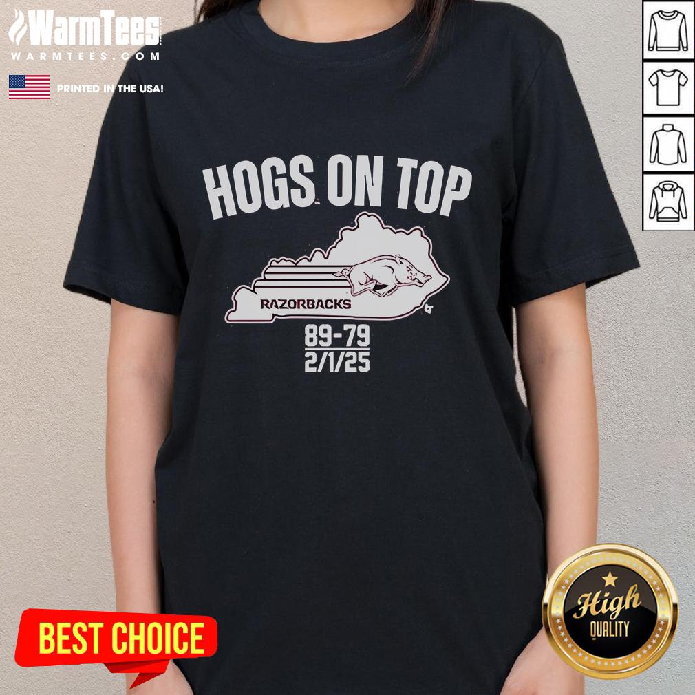 Arkansas Razorbacks ladies tee celebrating victory over Kentucky, 89-79, February 1, 2025, featuring Hogs logo.