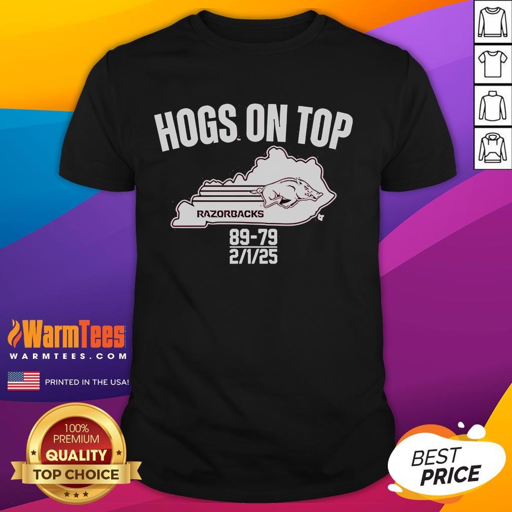 Arkansas Razorbacks Hogs On Top of Kentucky 89-79 T-Shirt featuring vibrant team colors and bold graphics for fans.
