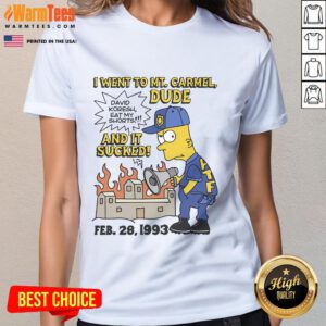 Good Bootleg Bart tee featuring 'I Went To Mt. Carmel Dude And It Sucked' design for ladies, perfect for casual wear.