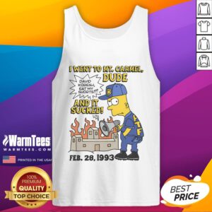 Good Bootleg Bart tank top featuring 'I Went To Mt. Carmel Dude And It Sucked' graphic for casual wear enthusiasts.