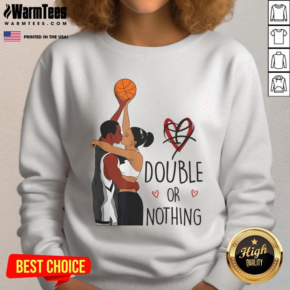 Couple wearing 'Double or Nothing I Love You' sweatshirt during Black History Month, celebrating love and basketball.