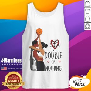 Good couple wearing 'Double or Nothing, I Love You' tank tops celebrating Black History Month at a basketball game.