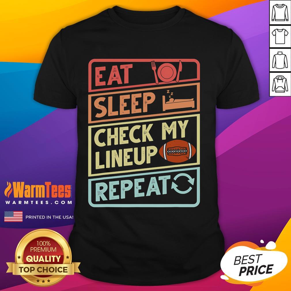 Alt Text: Good Eat Sleep Check My Lineup Repeat T-Shirt design featuring bold text on a casual tee for food and music lovers.