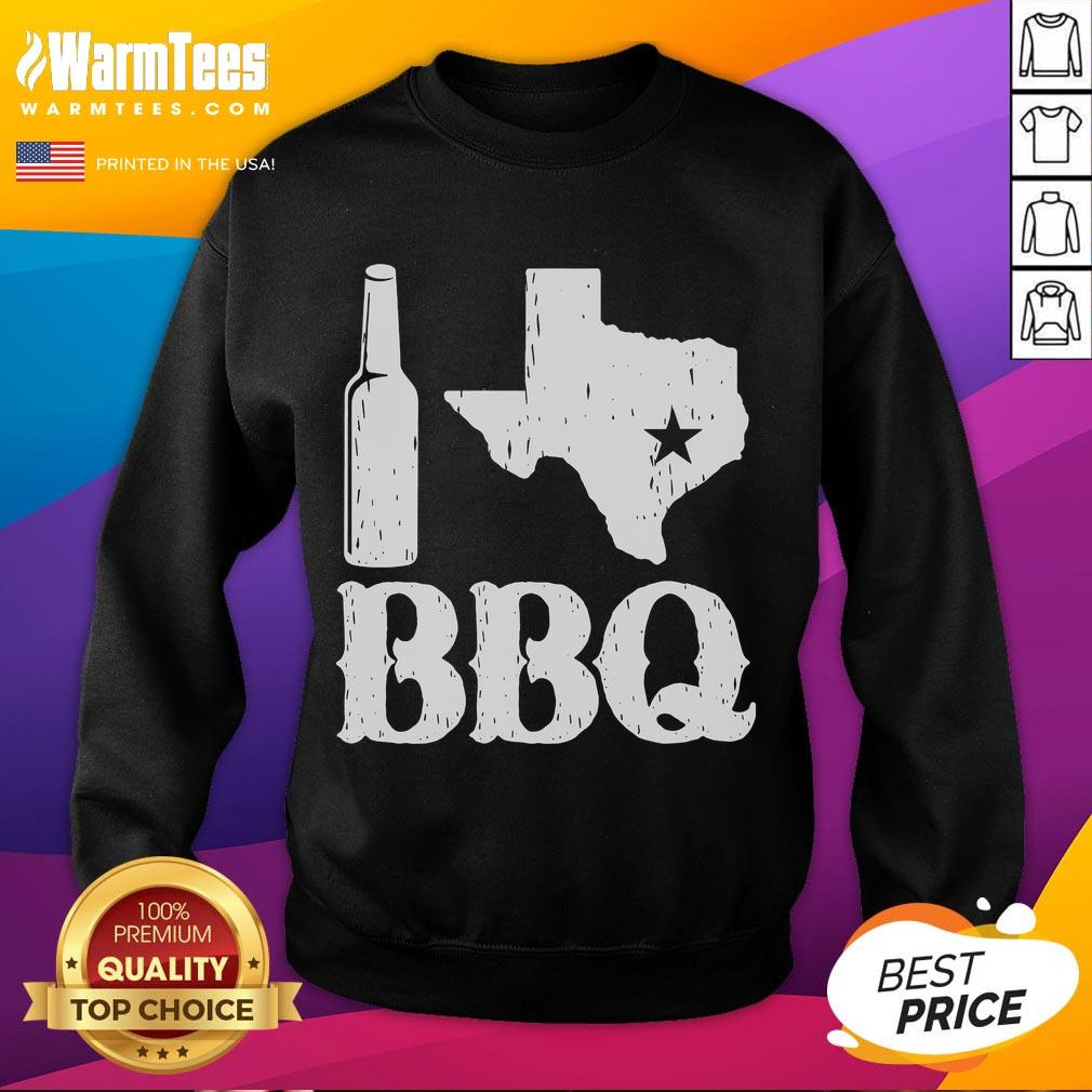 Cozy Good I Love Texas BBQ sweatshirt displayed on a hanger, perfect for BBQ lovers and Texas pride enthusiasts.