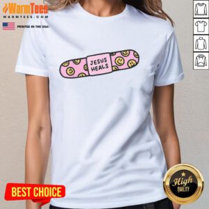 Good Jesus Heals ladies tee featuring a bandaid design and Christian faith Bible verse for comfort and inspiration.