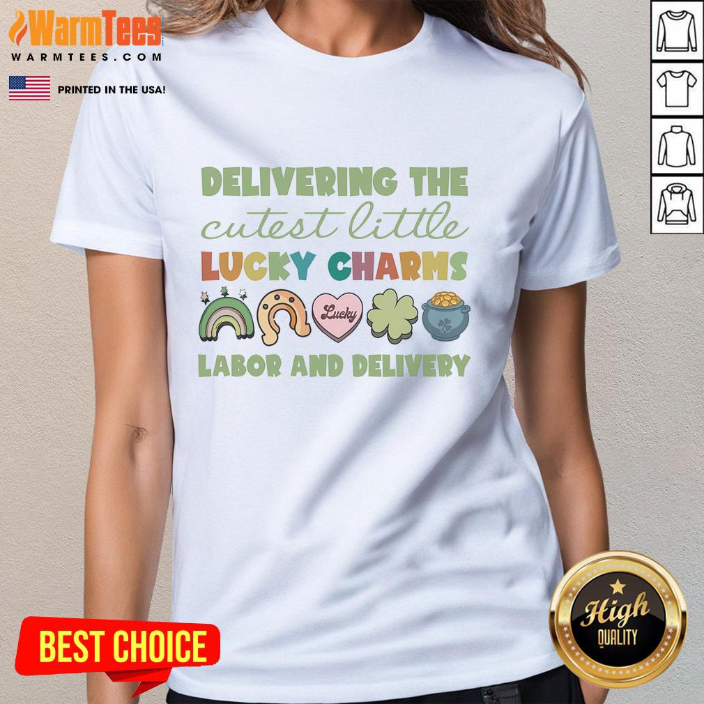 Good Labor and Delivery Nurse St. Patrick's Day ladies tee featuring festive green design and a nursing theme.