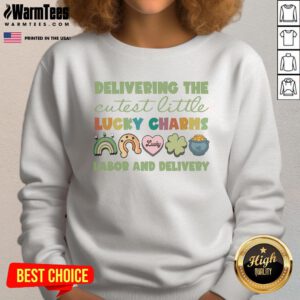 Good Labor and Delivery Nurse St. Patrick's Day sweatshirt featuring festive green design and nursing-themed graphics.