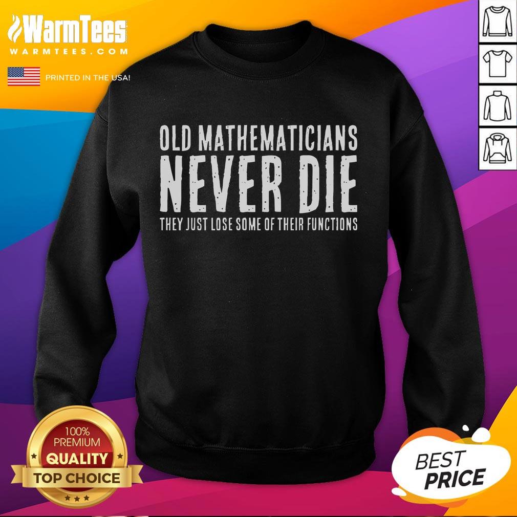 Good Old Mathematicians Never Die sweatshirt featuring a fun design for math enthusiasts and educators.
