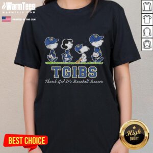 Good Snoopy and Friends Road TGIBS Thank God It's Baseball Season Ladies Tee featuring colorful graphics of Snoopy and friends.