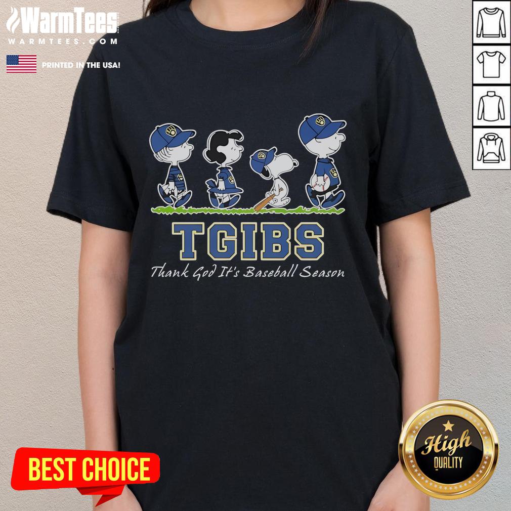 Good Snoopy and Friends Road TGIBS Thank God It's Baseball Season Ladies Tee featuring colorful graphics of Snoopy and friends.