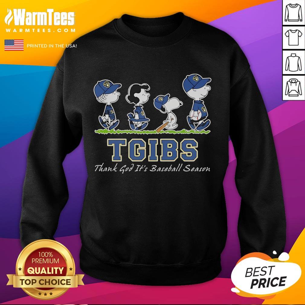 Cozy 'Good Snoopy and Friends Road TGIBS Thank God It's Baseball Season Sweatshirt' featuring cartoon characters enjoying baseball.
