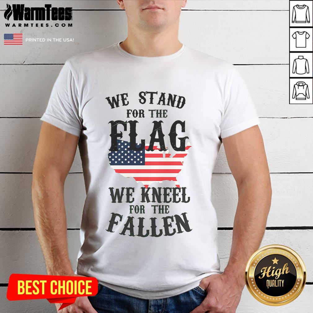 Good We Stand For The Flag Kneel For The Fallen T-Shirt design featuring patriotic graphics and bold lettering on fabric.