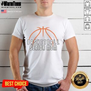 Alt Text: Happy mom wearing a Senior Basketball Mom T-shirt, proudly celebrating her graduating player's achievements.